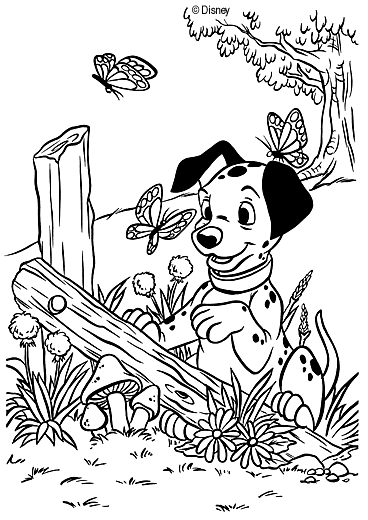 coloriage 101 dalmatiens le chiot et les papillons